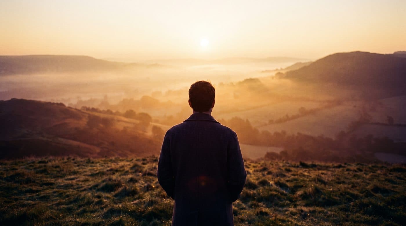 A figure watching the sun rise over misted hills