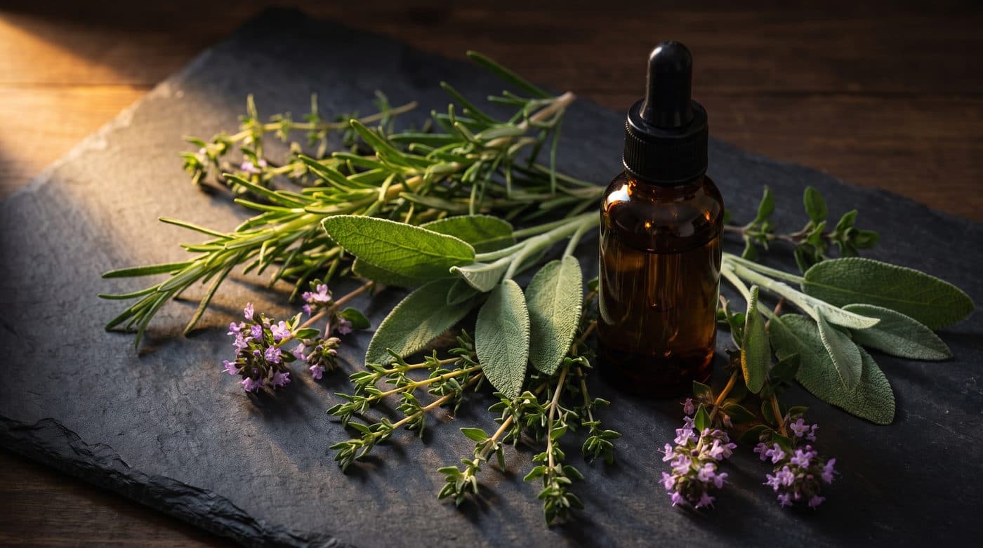 Rosemary, sage and thyme on slate beside a dropper bottle