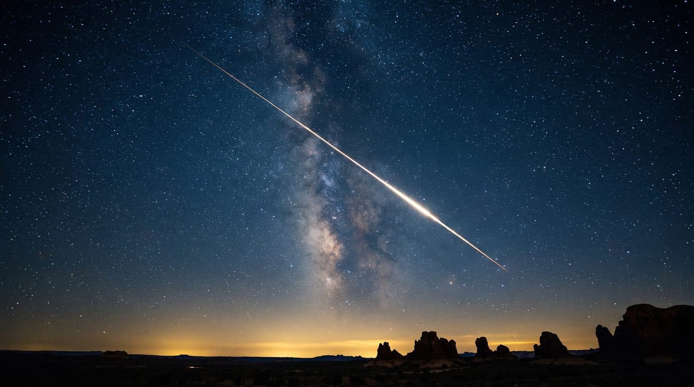 A meteor crossing the Milky Way over a desert horizon
